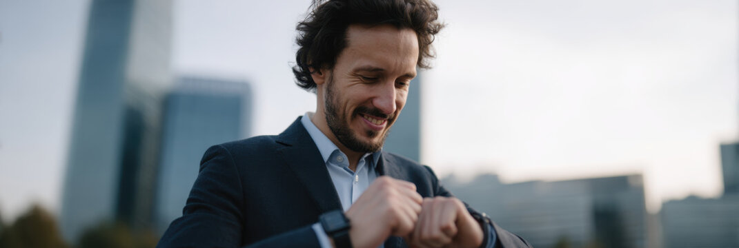 Smiling businessman urban skyline smartwatch gesture success