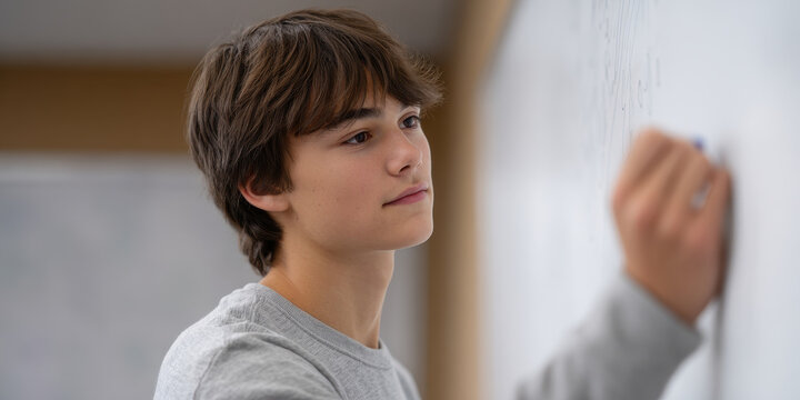 Thoughtful teenager classroom whiteboard learning focus