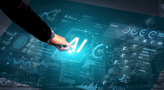 A futuristic AI dashboard for business intelligence. This platform showcases advanced data analytics, processing complex information into visual charts and graphs for strategic insights. Fermion