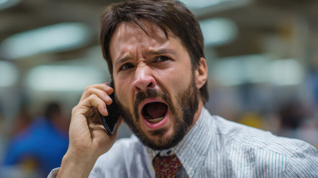 Angry broker phone call stress stock market floor shouting man business office tie - Powered by Adobe