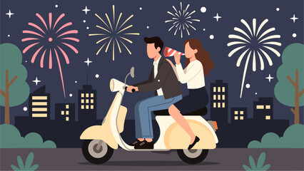 Couple Riding Scooter Celebrating New Year&rsquo;s Eve with Fireworks