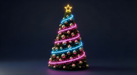 A modern and stylish 3D render of a traditional Christmas tree adorned with gold and metallic ornaments. The tree is dramatically lit by vibrant, glowing neon light strings in bright pink and cyan