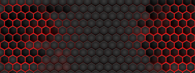 Red hexagon metal backdrop with honeycomb texture on black surface. Cyberpunk pattern displays neon mesh, steel geometric grid with tech architecture elements. Vector structure