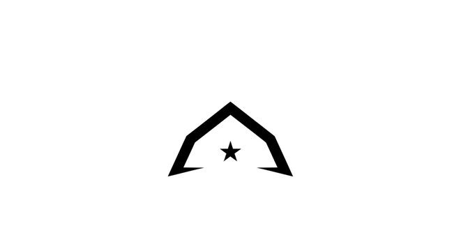 A minimalist black and white logo featuring an abstract representation of a building with a star inside.