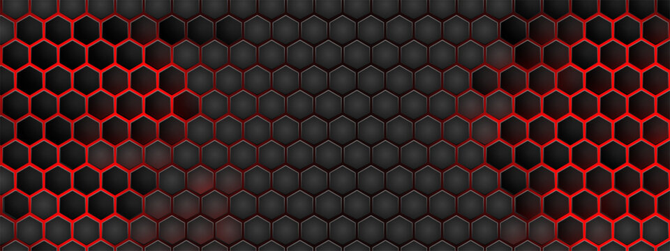 Red hexagon metal backdrop with honeycomb texture on black surface. Cyberpunk pattern displays neon mesh, steel geometric grid with tech architecture elements. Vector structure