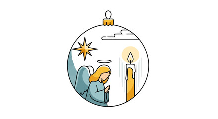 legant Flat Vector Nativity Ornament with Star, Candle, and Angel on White Background