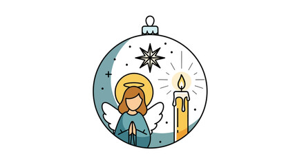 Flat Vector Holiday Ornament with Angel, Candlelight, and Bethlehem Star &mdash; Clean White Layout