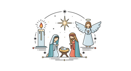 happy Minimalist Christmas Nativity Illustration Featuring Angel, Candle, and Shining Star