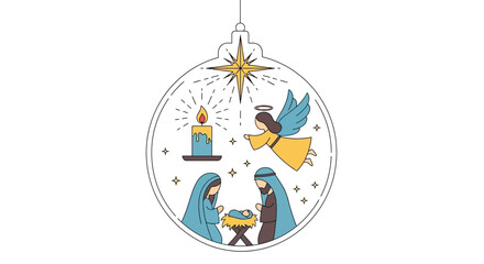 Elegant Nativity Christmas Ornaments with Angel, Candle, and Star &ndash; Flat Vector Illustration