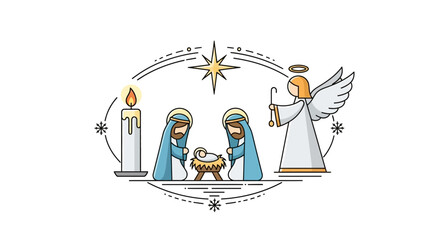 Minimalist Flat Vector Nativity Icons Featuring Angel, Candle, and Star on Clean White Backdrop decoration