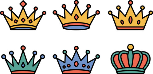 Colorful cartoon crowns vector illustration design elements set.