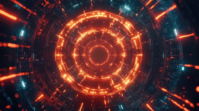 Futuristic technology tunnel glowing with dynamic orange lights