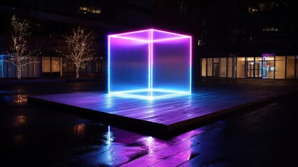 Abstract neon cube emits vibrant pink and blue light at night,