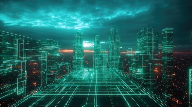 Metaverse city blueprint connecting digital technology and urban network - Powered by Adobe