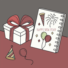 Festive new year scene with wrapped gift and colorful elements