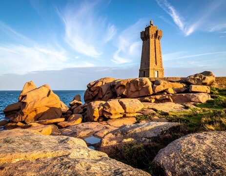 Coastal lighthouse stands atop reddish-brown rocks, blue sea and partly cloudy sky