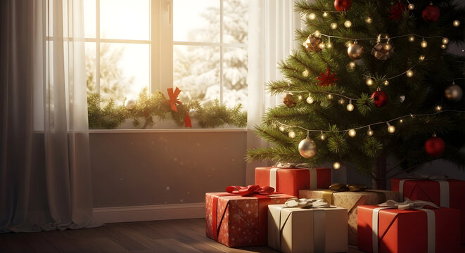 A warm and inviting interior scene featuring a decorated Christmas tree with glowing lights and ornaments. Several wrapped holiday gifts are stacked beneath the tree. The room is softly lit by bright 