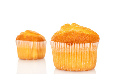 Sweet muffins isolated on white background, close-up.