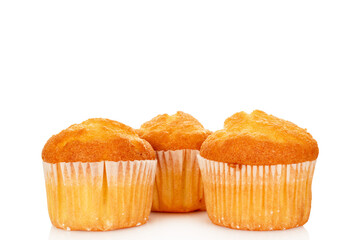 Sweet muffins isolated on white background, close-up.