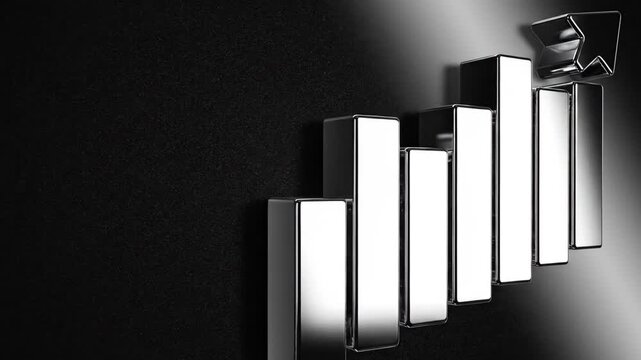 Close-up shot of a 3D bar graph with a rising trend on a dark background with cinematic lighting and a sense of progress and growth.