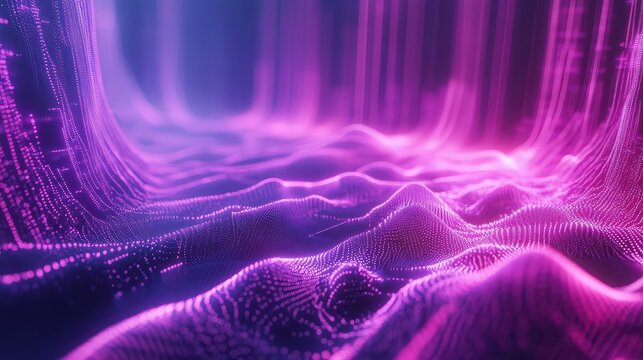 Abstract wavy digital landscape featuring glowing data particles