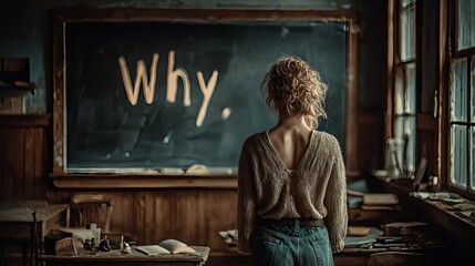 Woman Standing Before Chalkboard with the Word “Why” in Moody Room