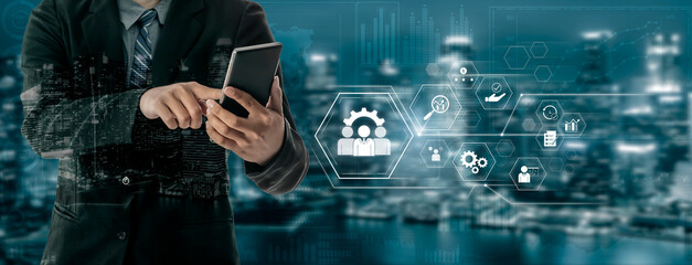 Business management system showing teamwork, productivity, and planning. Management supports goal, management tracks progress, management improves teamwork, and enhances productivity. Vouch