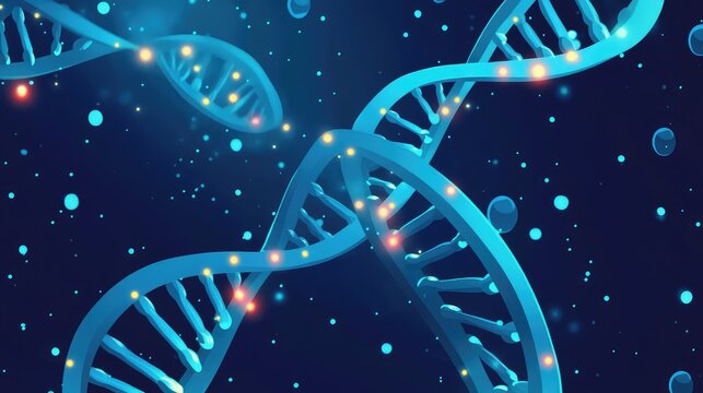 Dna strands forming double helix structure on dark blue background