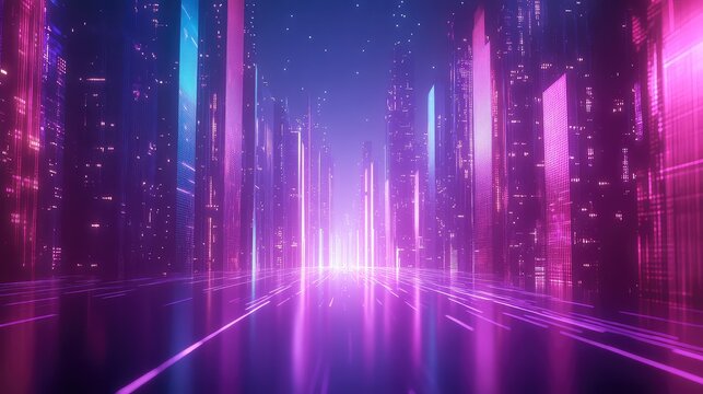 Cyberpunk city street with glowing neon lights creating futuristic urban landscape