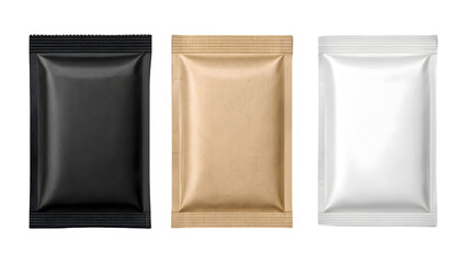 Row of three blank square packaging sachets in black, brown kraft paper, and white, ready for product mockup and branding.