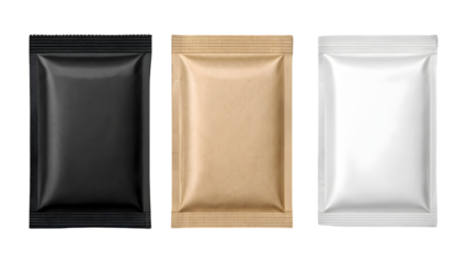 Row of three blank square packaging sachets in black, brown kraft paper, and white, ready for product mockup and branding.