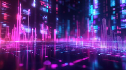 Digital cityscape visualizing data processing and technology networks