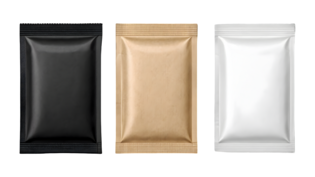 Row of three blank square packaging sachets in black, brown kraft paper, and white, ready for product mockup and branding.