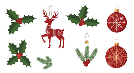 A collection of festive winter holiday ornaments and decorations including holly sprigs reindeer and baubles.
