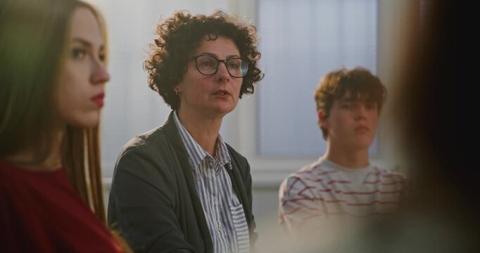 Close Up Teacher Encourages Teenage Students Express Emotions and Thoughts During Mental Health Discussion. Concept Psychological Wellbeing, Open Dialogue, and Emotional Literacy in Schools. Portrait.
