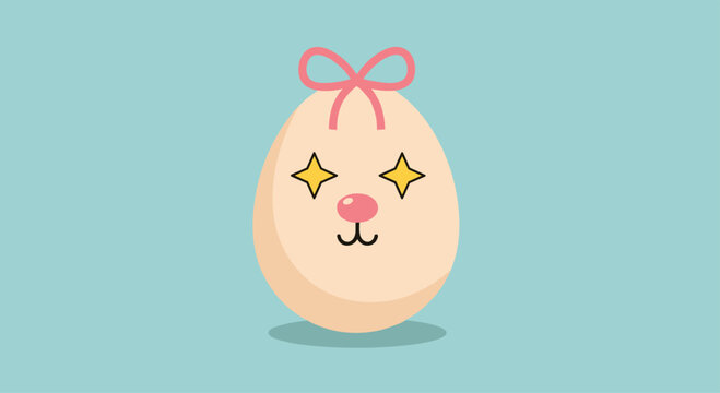 A cute easter egg with a pink bow and sparkling eyes on a light blue background.