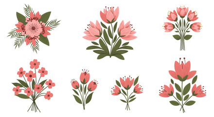 Collection of artistic floral arrangements in delicate coral and pink hues.