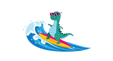 A cute cartoon dinosaur wearing sunglasses enjoys surfing on a surfboard on a large wave.