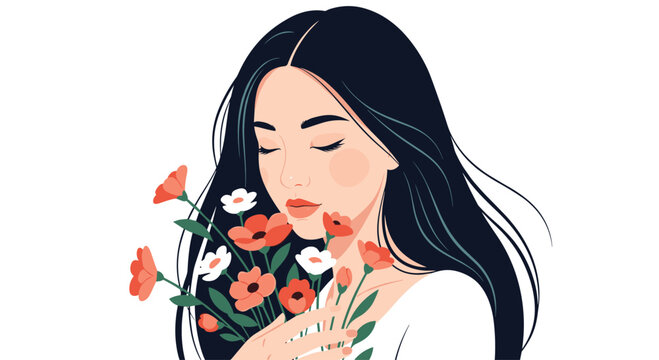 A gentle woman with dark hair holds a bouquet of vibrant flowers to her face.