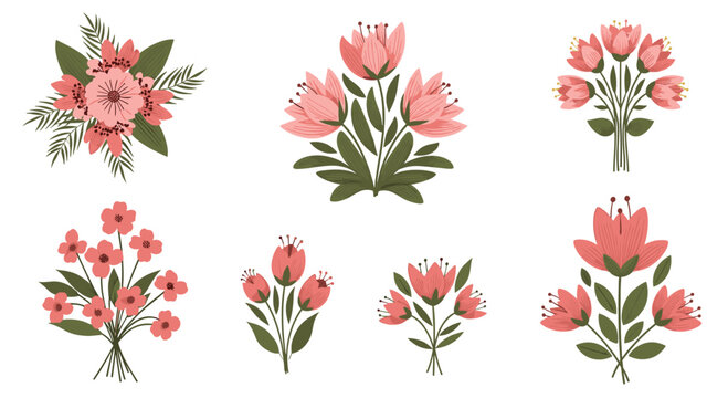 Collection of artistic floral arrangements in delicate coral and pink hues.