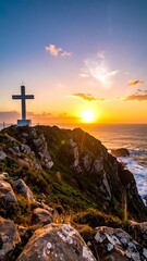 Coastal cliff with a cross silhouetted by a brilliant golden sunset over the ocean