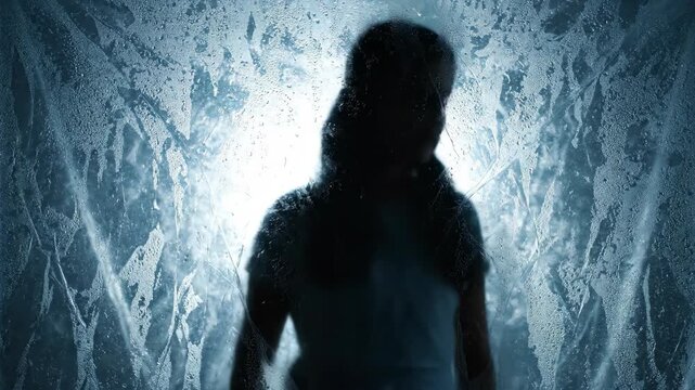 Frightened girl silhouette behind frosty, wet glass moving from facing forward to turning away in fear or distress concept.