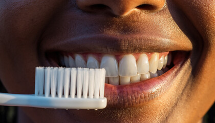 Close-up of a person's white teeth being brushed with a toothbrush for a bright smile