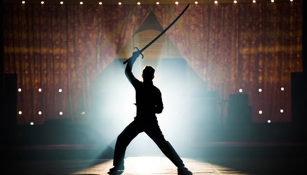 A powerful silhouette of a male sword performer in a dynamic pose on a theatrical stage
