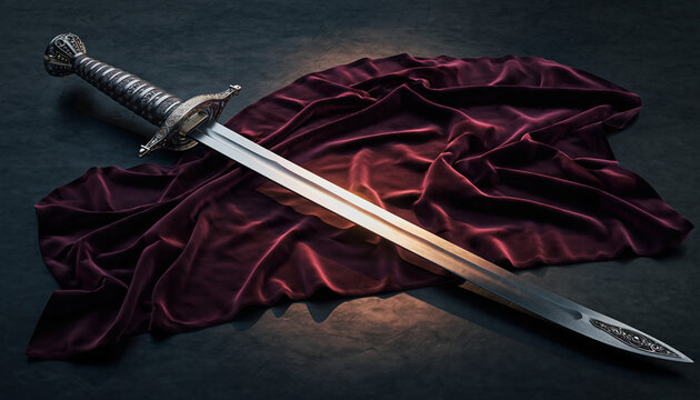 Elegant medieval longsword with an ornate hilt resting on luxurious dark red velvet fabric