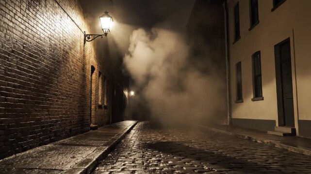 Mysterious urban street at night with vintage lamppost and smoke. Cobblestone alley with old buildings. Spooky ambience for Halloween.