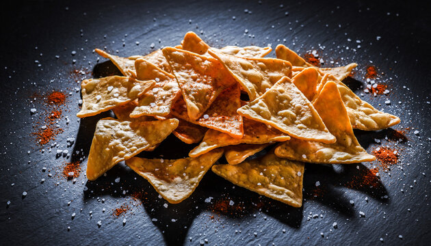 Delicious Crunchy Tortilla Chips Sprinkled With Salt And Spices On A Dark Textured Surface - Powered by Adobe