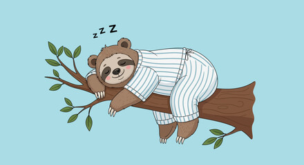 Naklejka premium A cute sloth wearing pajamas sleeps on a tree branch with leaves, on a blue background.