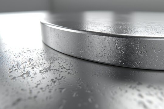 A close-up image of a metallic surface with water droplets, showcasing reflections and a smooth, contoured edge.
