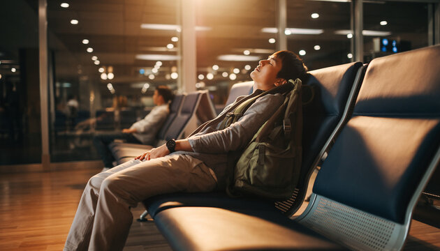 Tired male traveler sleeping on a bench in the airport terminal during a long layover - Powered by Adobe